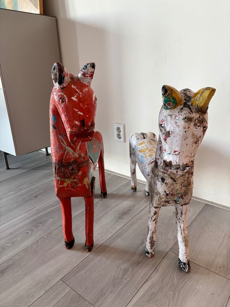 Prachtige Set Grote Vintage Houten Paarden (72 cm), Antiek en Kunst, Ophalen