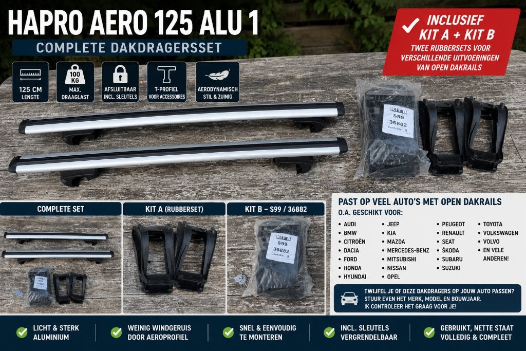 Hapro Aero 125 Alu Dakdragers. Incl.adapterset Open Dakrails, Auto diversen, Dakdragers, Ophalen of Verzenden, Zo goed als nieuw