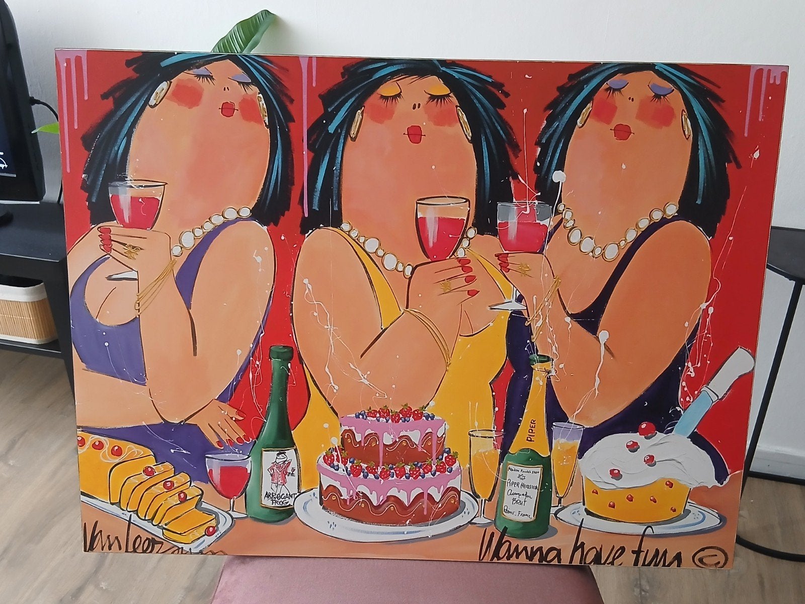 Dikke dames schilderij 'Wanna have fun', Ophalen, Figuren, Hout, Op houten frame