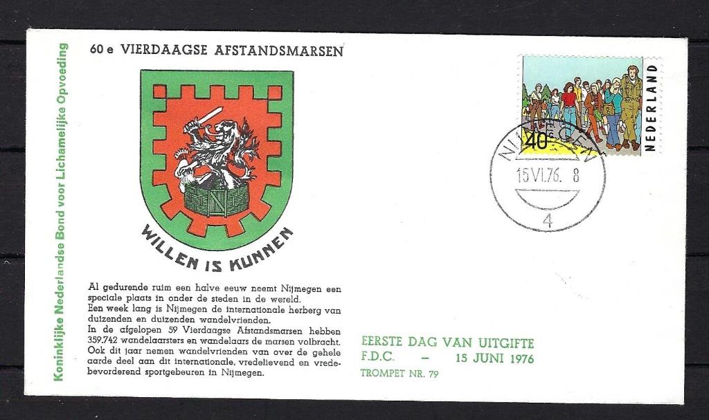 FDC 60e Vierdaagse Afstandsmarsen Nijmegen, Postzegels en Munten, Ophalen of Verzenden, Onbeschreven, Nederland