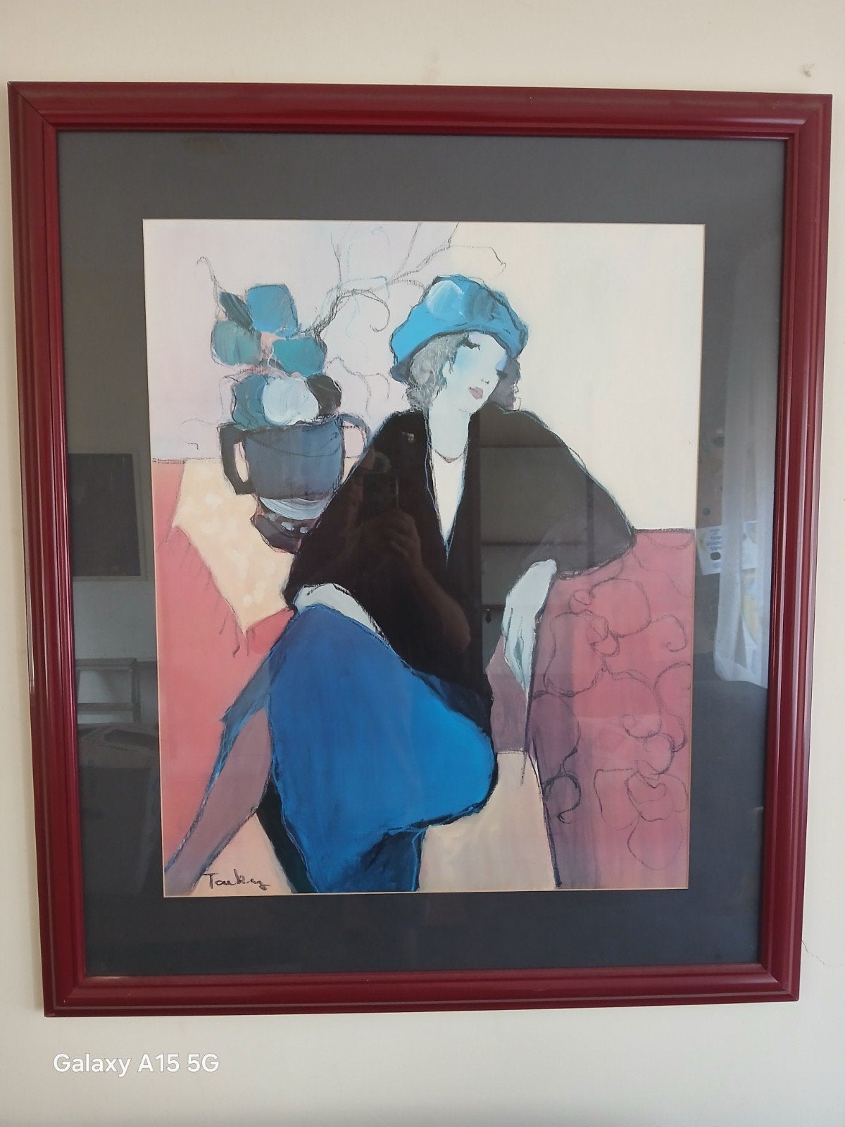 Modern schilderij van vrouw met blauwe baret, Antiek en Kunst, Kunst | Schilderijen | Modern, Achter glas, Figuren, Papier/karton