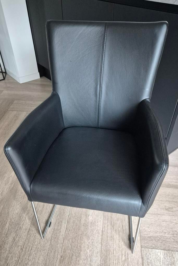 4 Zwarte Lederen Eetkamerfauteuils - Comfortabel & Stijlvol, Huis en Inrichting, Stoelen, Ophalen, Gebruikt, Zwart, Modern, Elegant