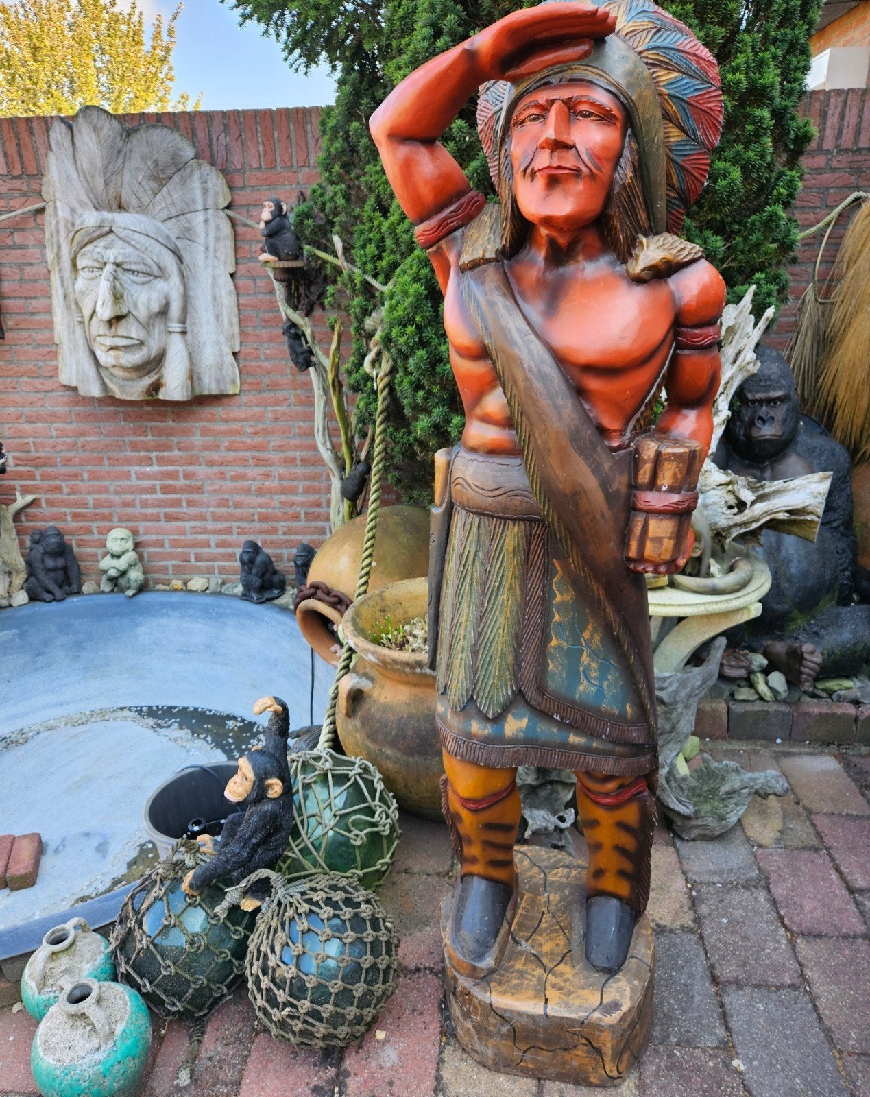 MASSIEF HOUTEN INDIANEN BEELDEN VO0R  STEAKHOUSE COUNTRY BAR, Antiek en Kunst, Ophalen, Hout, Beeld, 1 meter - 2 meter