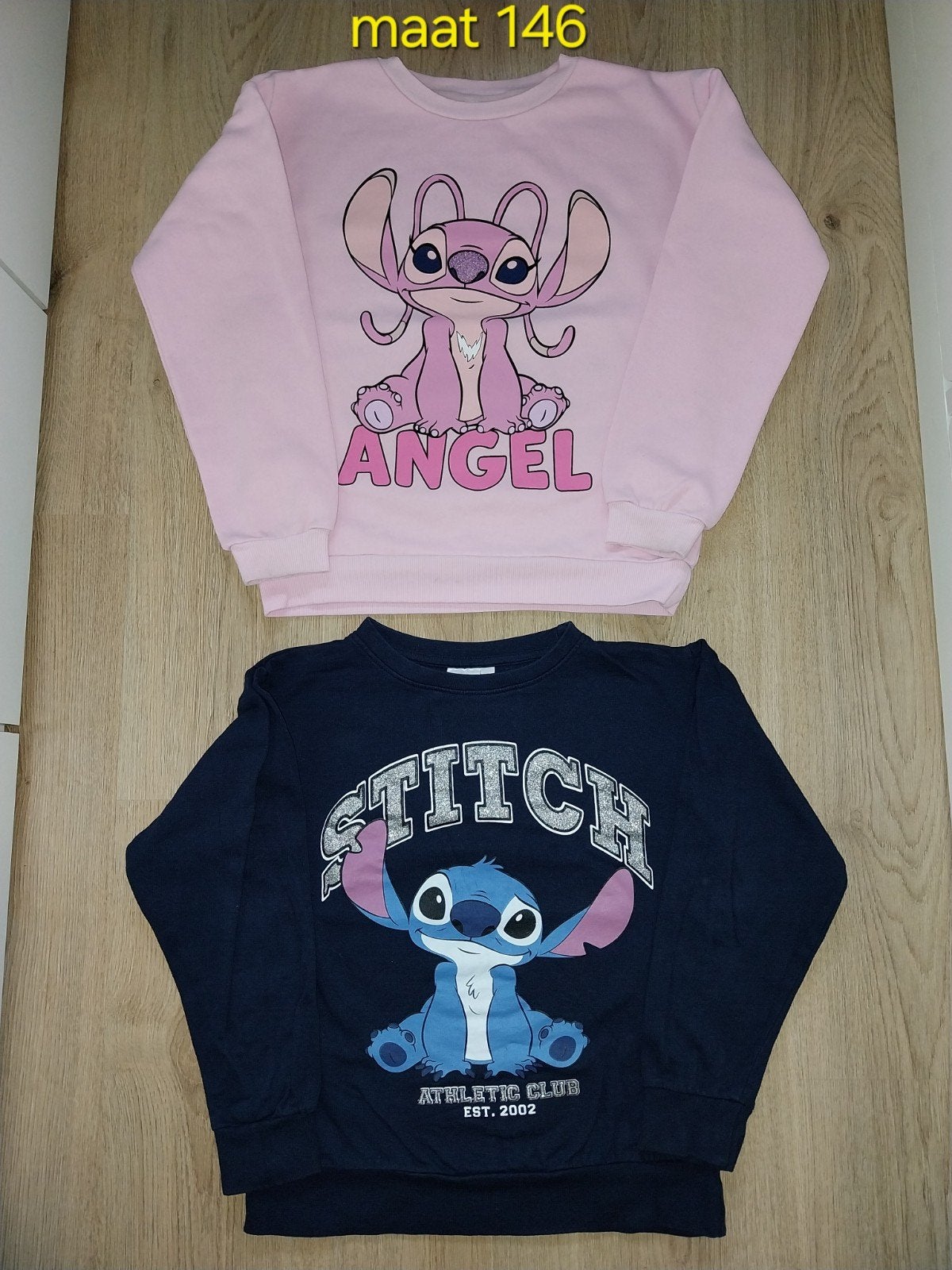 roze angel en blauwe stitch trui maat 146 disney, Ophalen of Verzenden, Zo goed als nieuw, Meisje, Trui of Vest