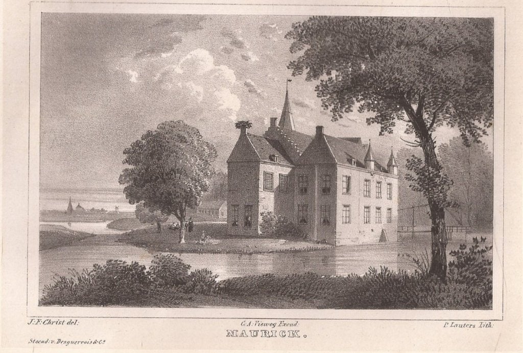Kasteel Maurick in Noord-Brabant Vught 1846 Litho, Antiek en Kunst, Origineel, 1800 - 1899, Architectuur, 13 cm