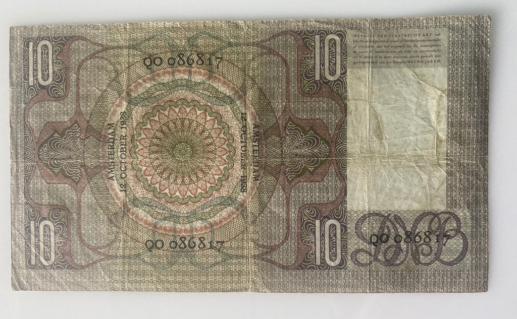 Nederlands 10 gulden bankbiljet 1938 - Grijsaard - QO 086817, Ophalen of Verzenden, 10 gulden, Los biljet