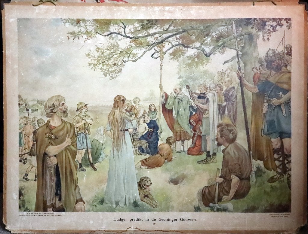 Ludger predikt in de Groninger Gouwen, 785, Antiek en Kunst, Antiek | Schoolplaten, Ophalen, Geschiedenis