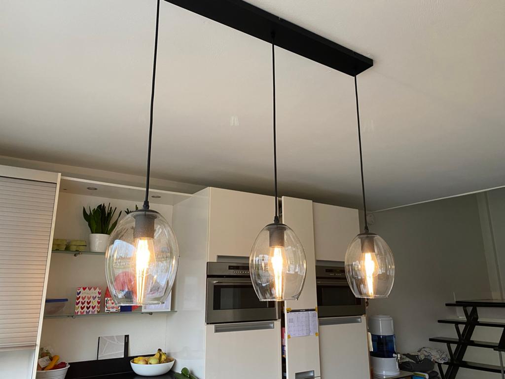 Glazen hanglamp eettafel met 3 bollen / ovale, Ophalen, Zo goed als nieuw, Glas, 75 cm of meer