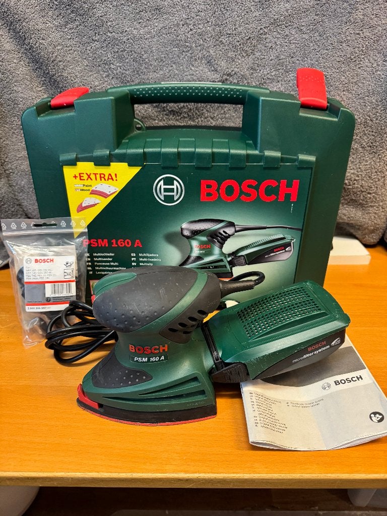 Bosch PSM 160 A multischuurmachine (160W) + schuurpapier, Ophalen of Verzenden, Gebruikt, Minder dan 600 watt, Overige typen