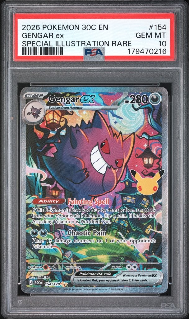 Pokémon Gengar 154/128 30th Celebration PSA 10 GEM MINT, Ophalen of Verzenden, Nieuw, Losse kaart