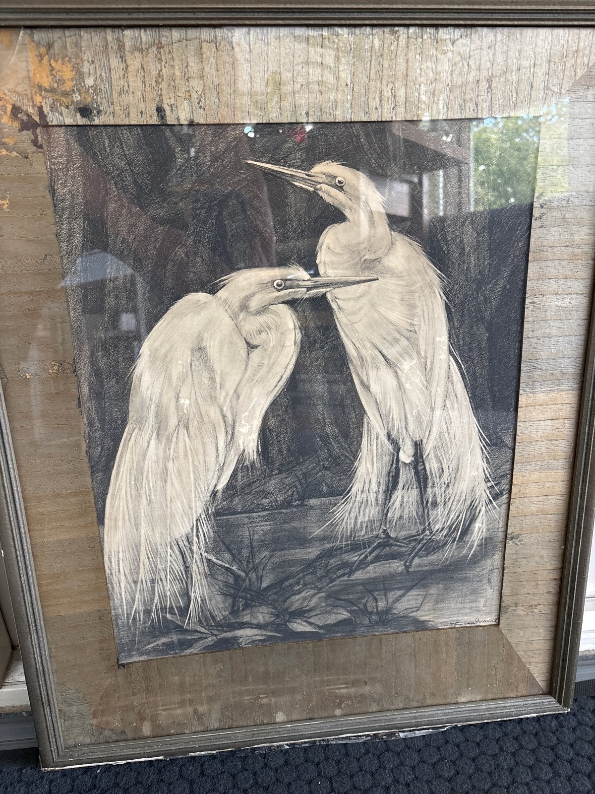 ‘Twee Zilverreigers’ Tini van Doornik, Ophalen of Verzenden, Tekening, Lithografie, Achter glas