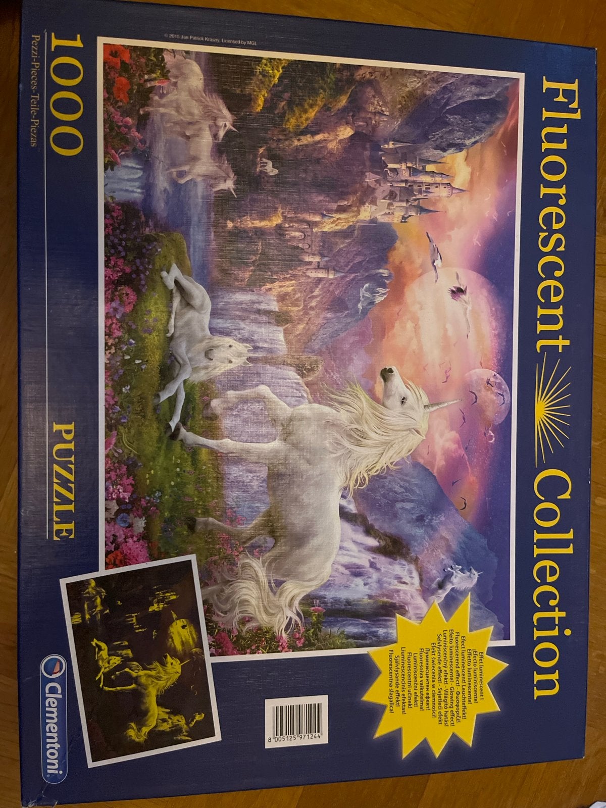 Clementoni Fluorescent Collection Eenhoorn Puzzel 1000 stukj, Ophalen of Verzenden, 500 t/m 1500 stukjes, Gebruikt, Legpuzzel
