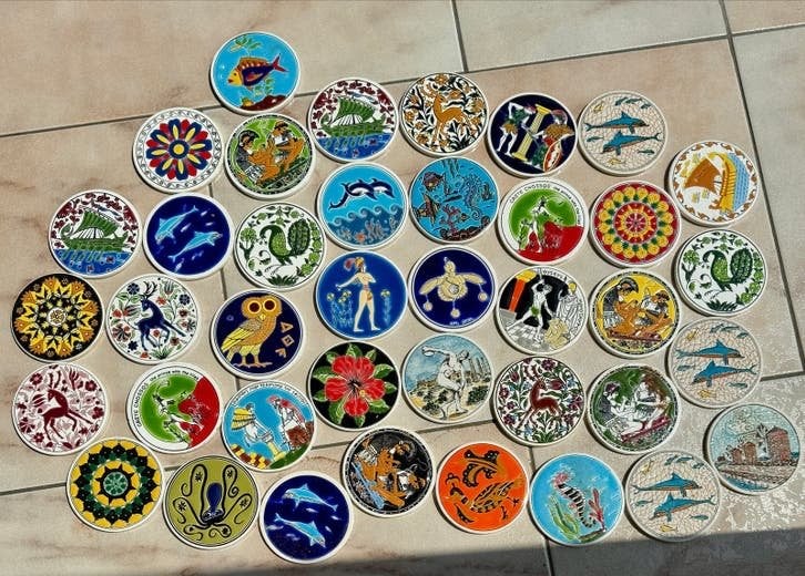 Vintage Griekse keramische tegeltjes/onderzetters, Ophalen of Verzenden