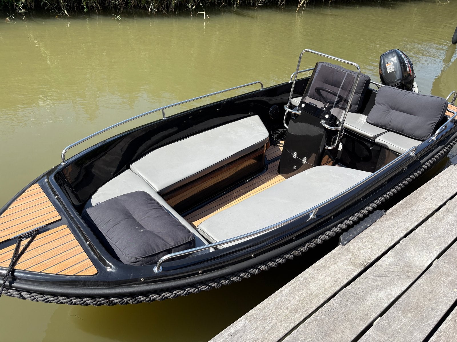 Nette zwarte Marion 430 met Suzuki 15pk en trailer, Overige merken, Gebruikt, Afdekzeil, Buitenboordmotor