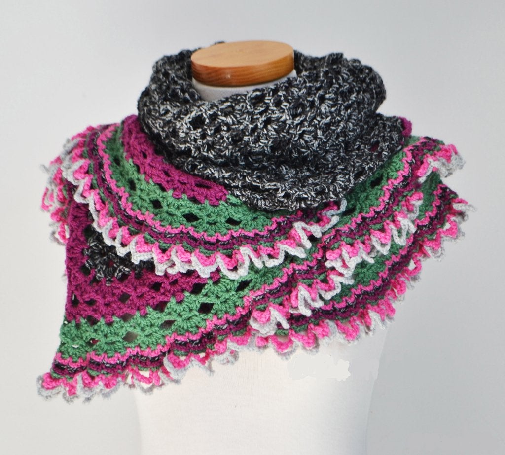 Gehaakte omslagdoek, zwart met kleurrijke rand, Verzenden, Nieuw, Maat 46/48 (XL) of groter, Sjaal
