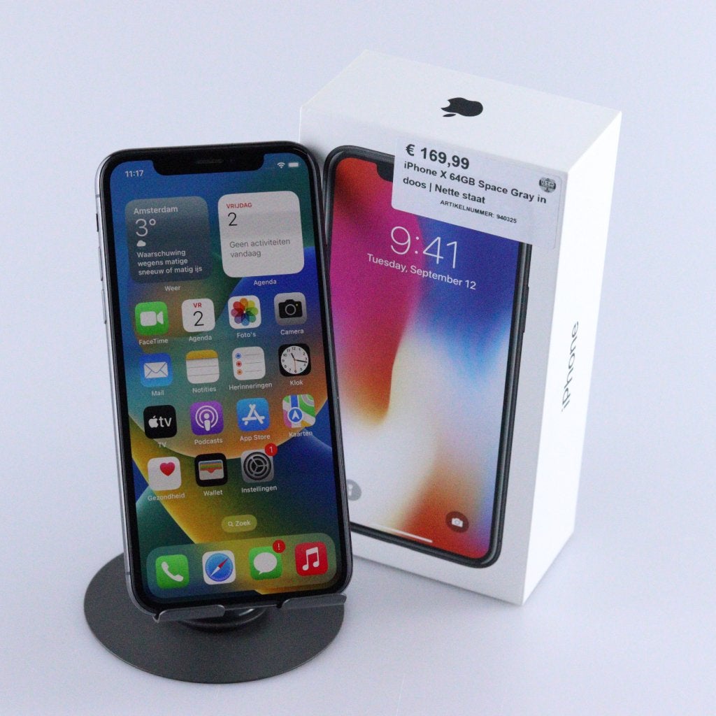 iPhone X 64GB Space Gray in doos | Nette staat, Apple, Zo goed als nieuw, Support@apple.com, One Apple Park Way
Cupertino, CA 95014
United States