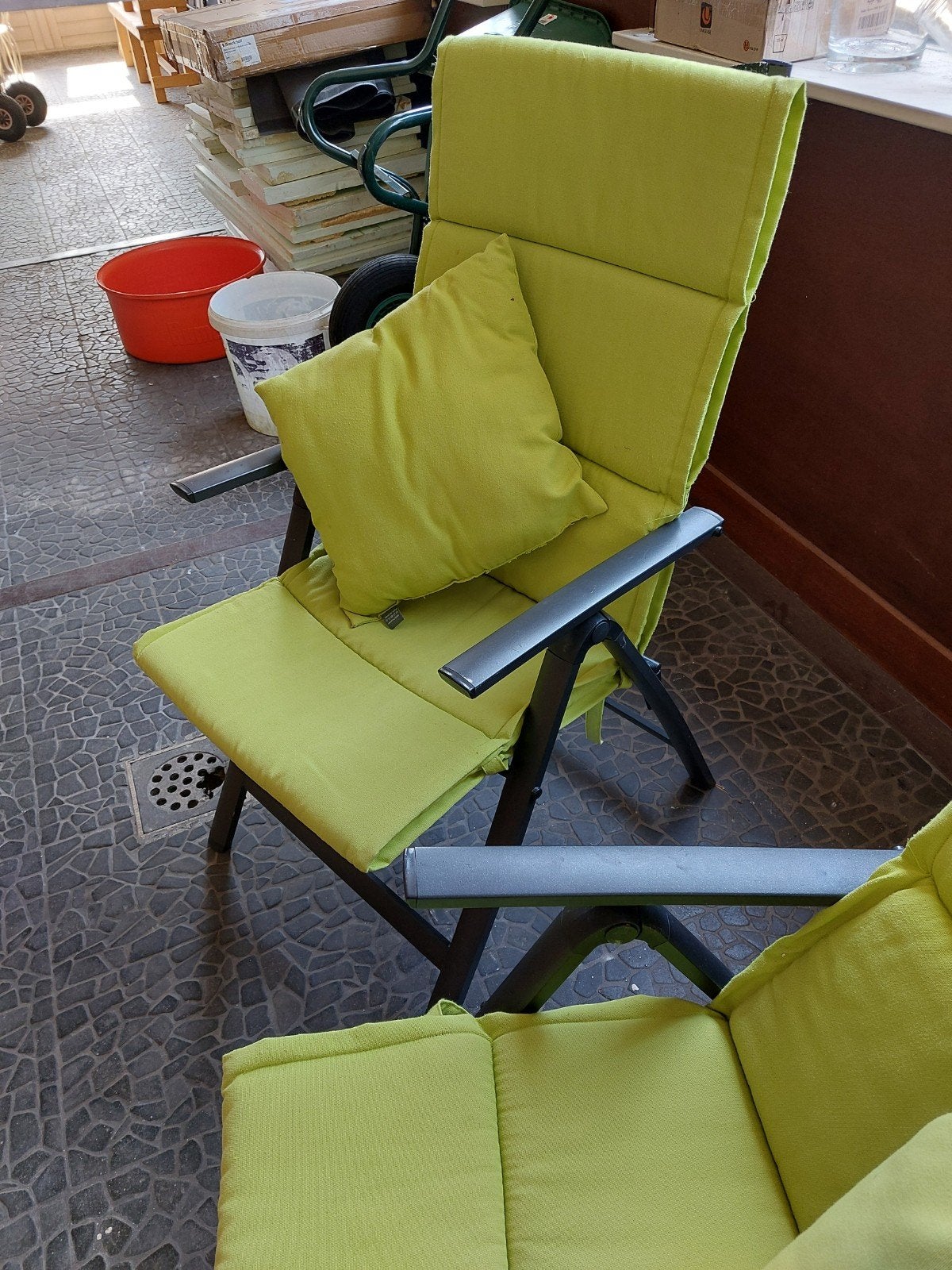 2 verstelbare metalen tuinstoelen met kussens, Ophalen, Gebruikt, Metaal, Verstelbaar