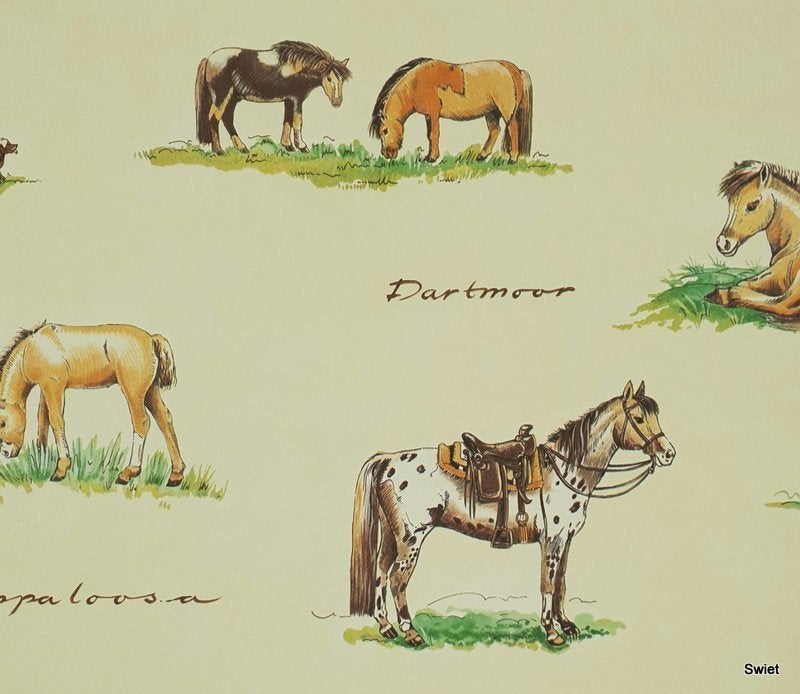 12851 Paarden behang met rassen op botergeel fond swiet, Ophalen of Verzenden, Groen