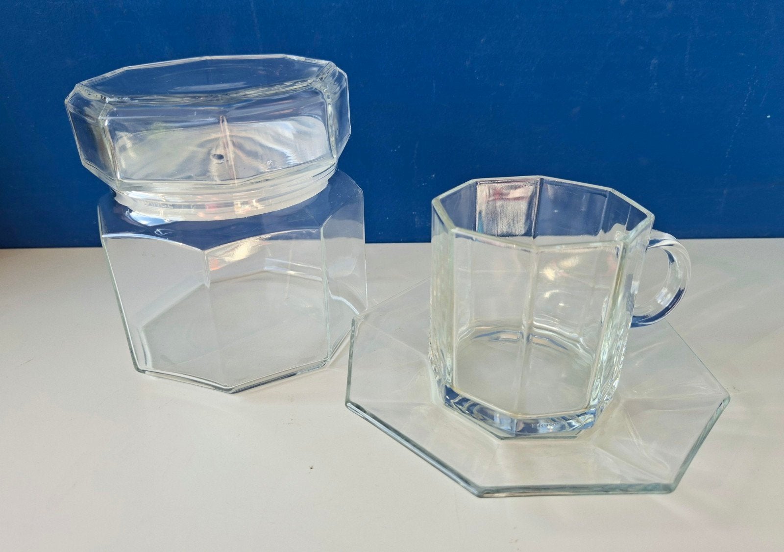 Vintage Arcoroc France Octime Clear - vooraadpot en theekop, Huis en Inrichting, Gebruikt, Ophalen of Verzenden, Glas, Overige stijlen