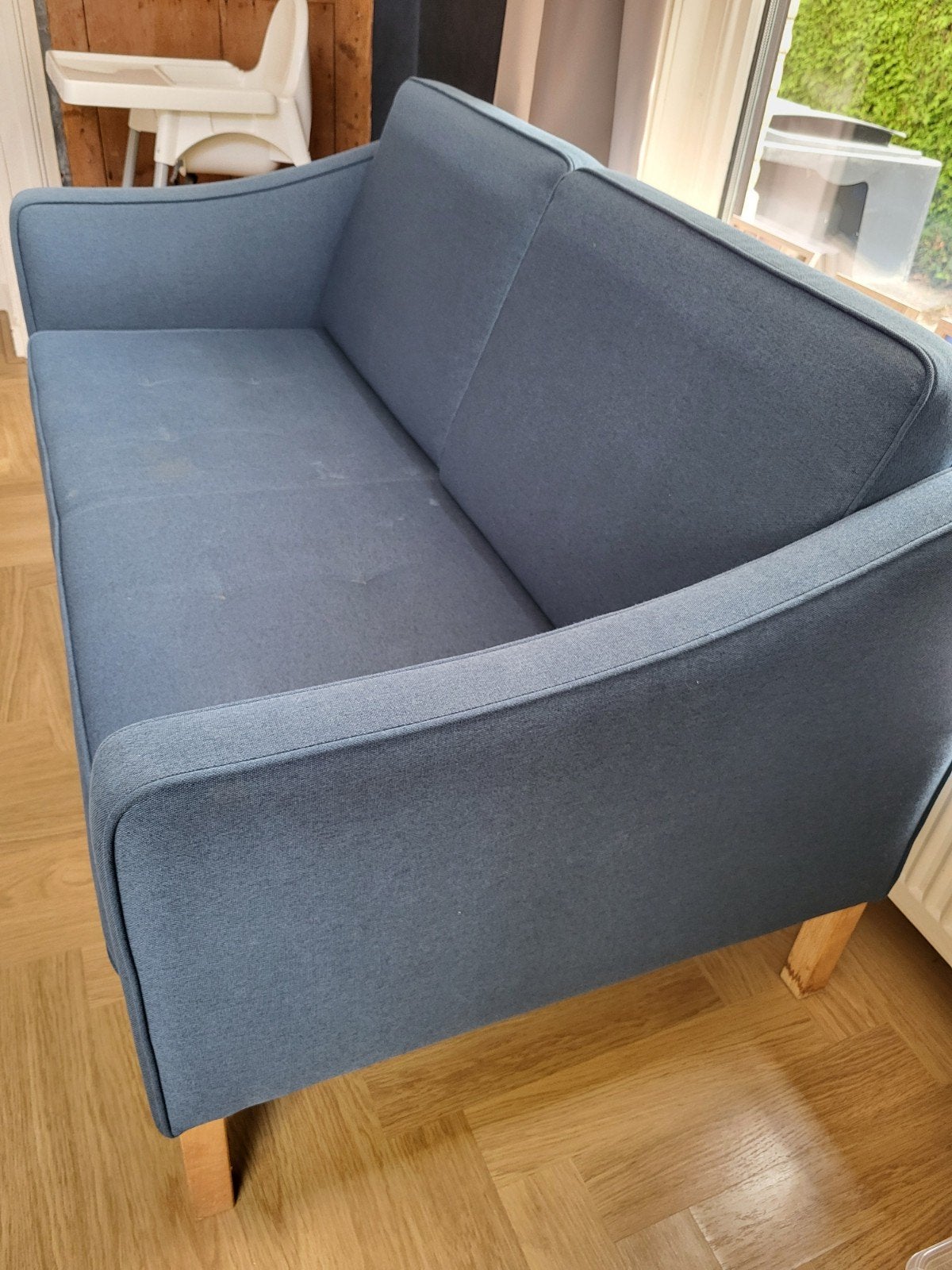Comfortabele 2-zitsbank in blauwe stof, Huis en Inrichting, Banken | Bankstellen, Ophalen, Gebruikt, 150 tot 200 cm, Tweepersoons