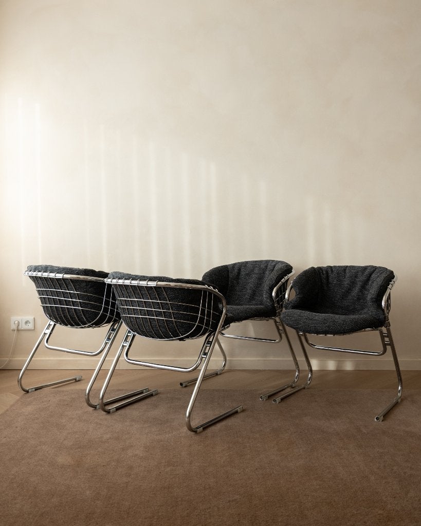 Vintage Italiaanse Chrome Eetkamerstoelen Gastone Rinaldi, Gebruikt, Overige kleuren, Mid century modern, Ophalen of Verzenden