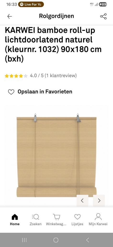 Bamboe rolgordijn 90x180 cm, Huis en Inrichting, Stoffering | Gordijnen en Lamellen, Ophalen of Verzenden, 50 tot 100 cm, 150 tot 200 cm