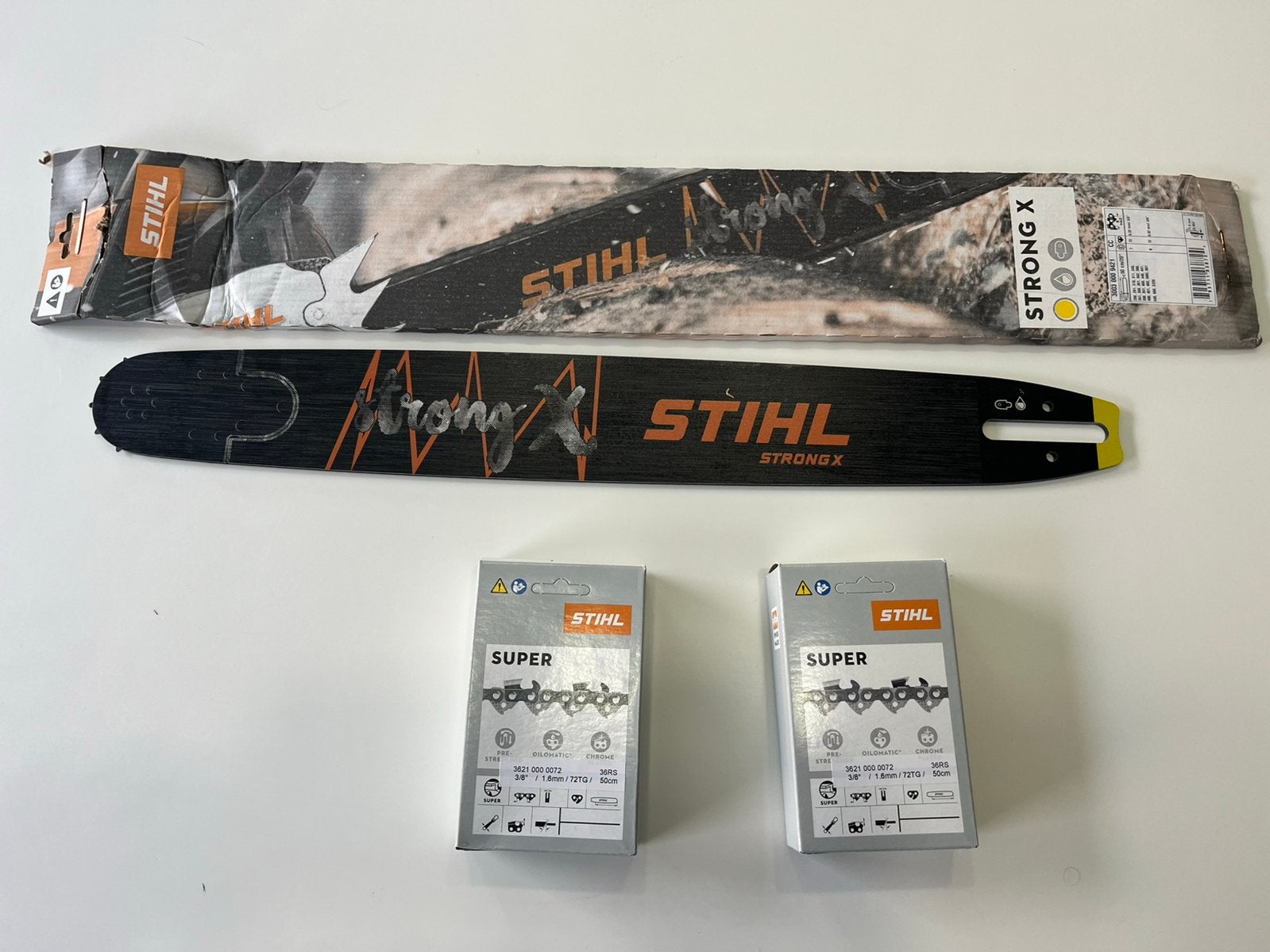 Stihl zaagblad strong X 50cm + 2 kettingen, 70 mm of meer, Kettingzaag, Nieuw, Ophalen of Verzenden