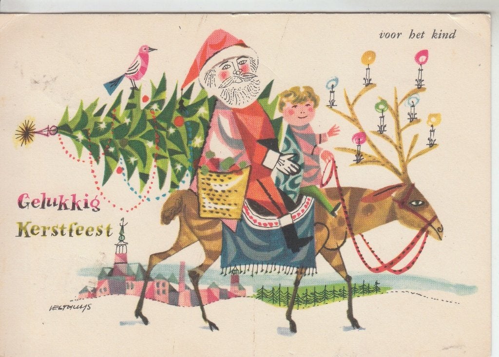 G110 ansichtkaart voor het kind 1957 kerstman op ezel, Ophalen of Verzenden, 1940 tot 1960, Gelopen, Kinderen