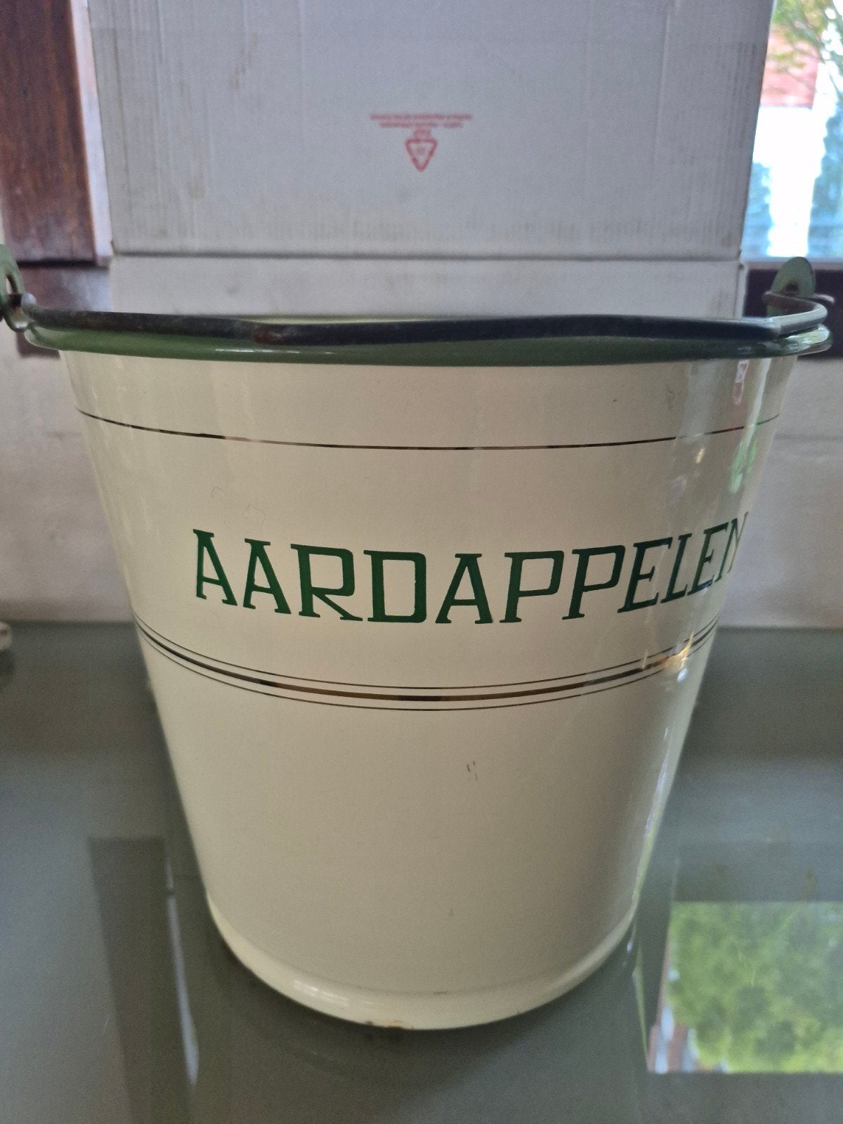 Vintage geëmailleerde aardappelbak - Crème/Groen, Antiek en Kunst, Antiek | Emaille, Ophalen of Verzenden