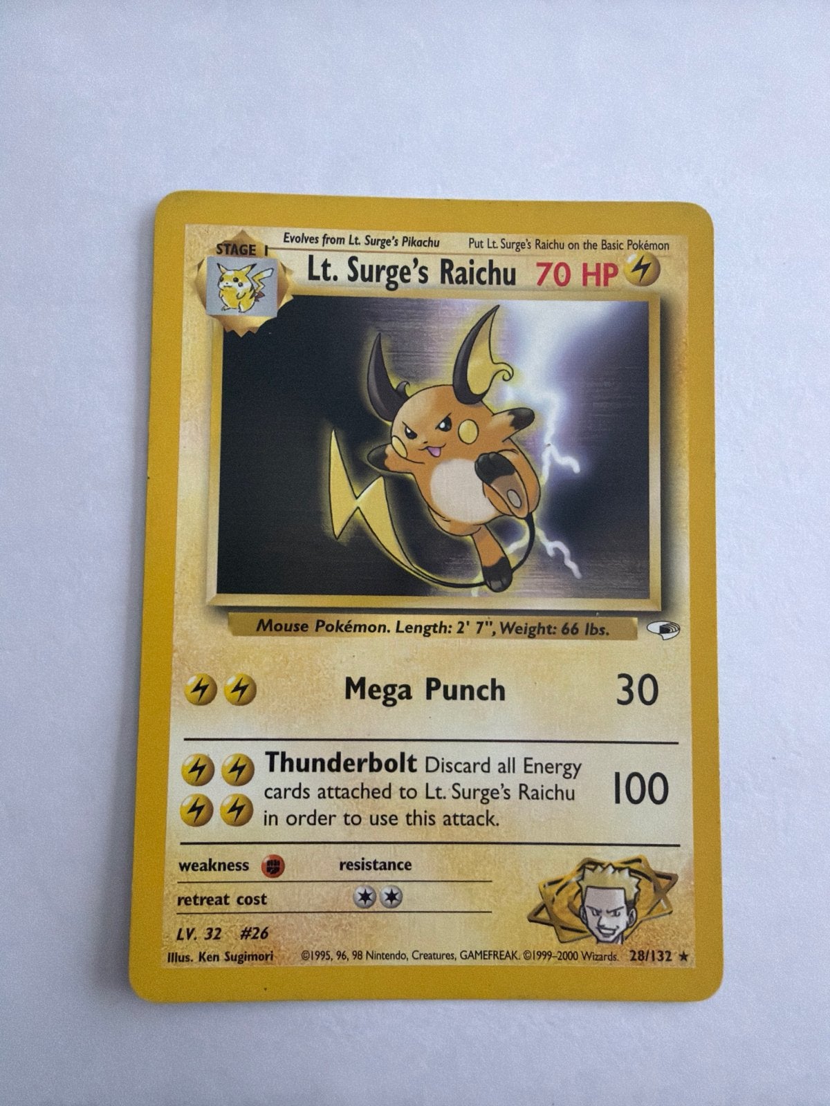 Lt. Surge's Raichu 28/132 - Gym Challenge - Near Mint (NM), Ophalen of Verzenden, Gebruikt, Losse kaart, Foil