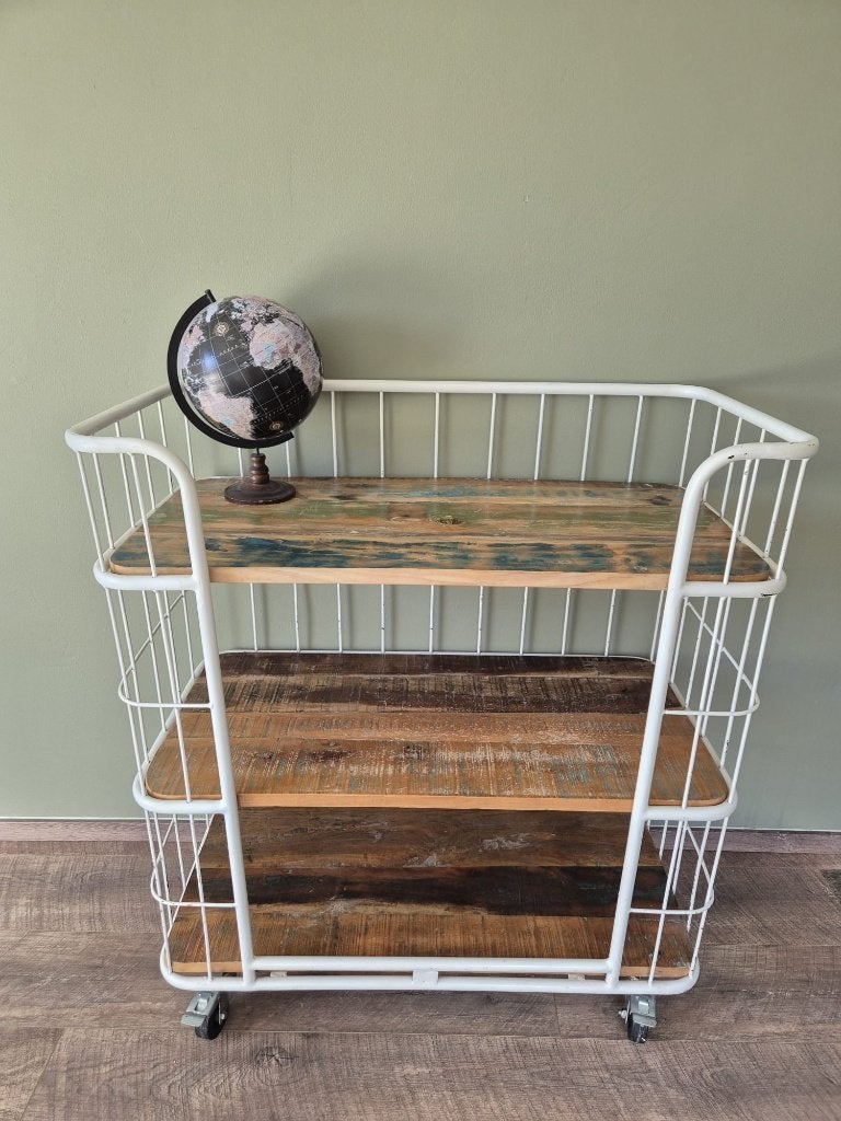 Industriële trolley/rek met houten planken, Ophalen, Gebruikt