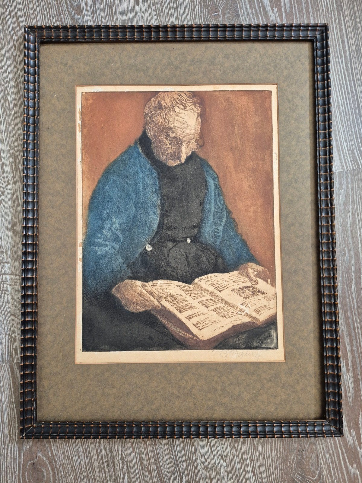 Handgekleurde ets van bijbellezende man van George Hering, Antiek en Kunst, Kunst | Etsen en Gravures, Ophalen, Dagelijks leven