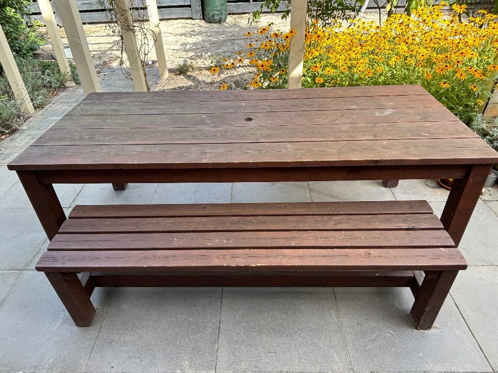Houten tafel + eetbank voor buiten, Ophalen, Gebruikt, Rechthoekig, Hout