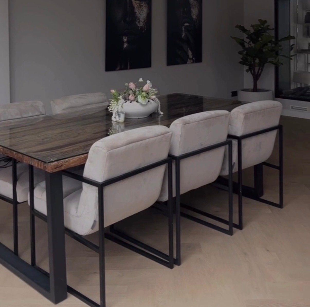 Richmond eettafel met 6 Richmond Clara stoelen velvet, Ophalen, 200 cm of meer, 50 tot 100 cm, Vijf personen of meer