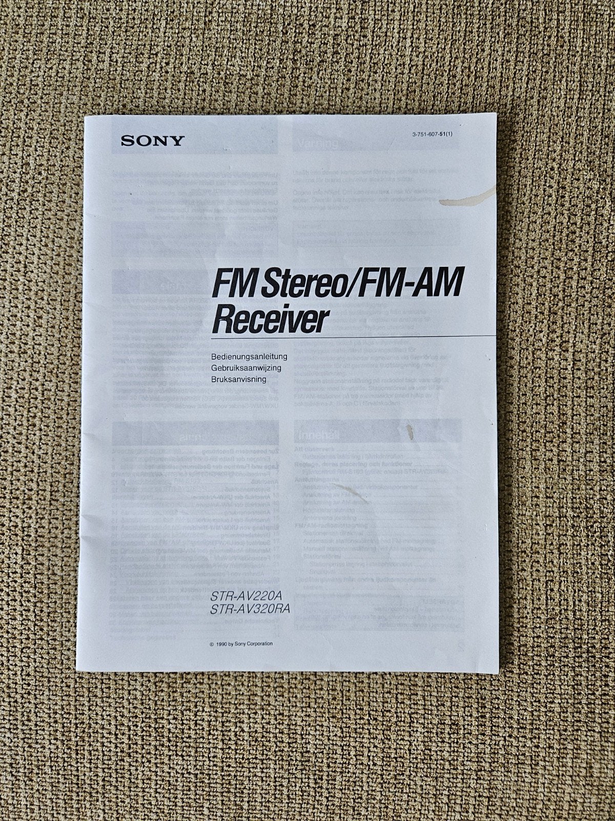 Sony receiver handleiding AV-220A / AV320RA, Audio, Tv en Foto, Versterkers en Receivers, Ophalen of Verzenden, Gebruikt, Sony