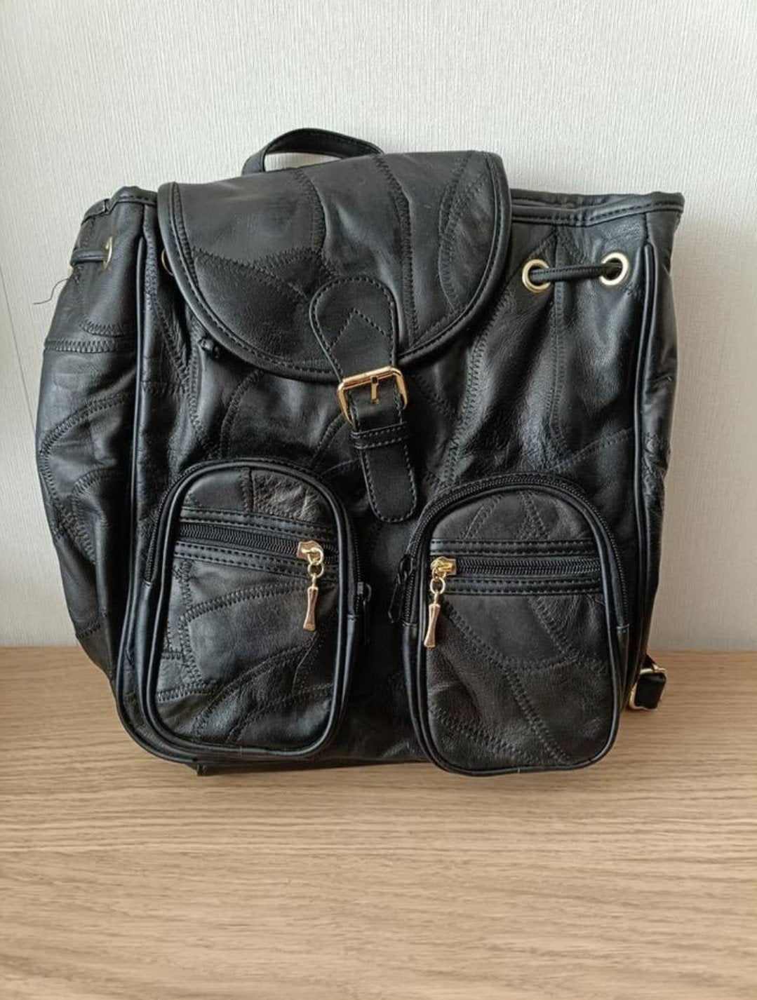 Vintage, Zwarte, Leren, Patchwork Rugzak, Ophalen of Verzenden, Zo goed als nieuw, Zwart, Minder dan 35 cm