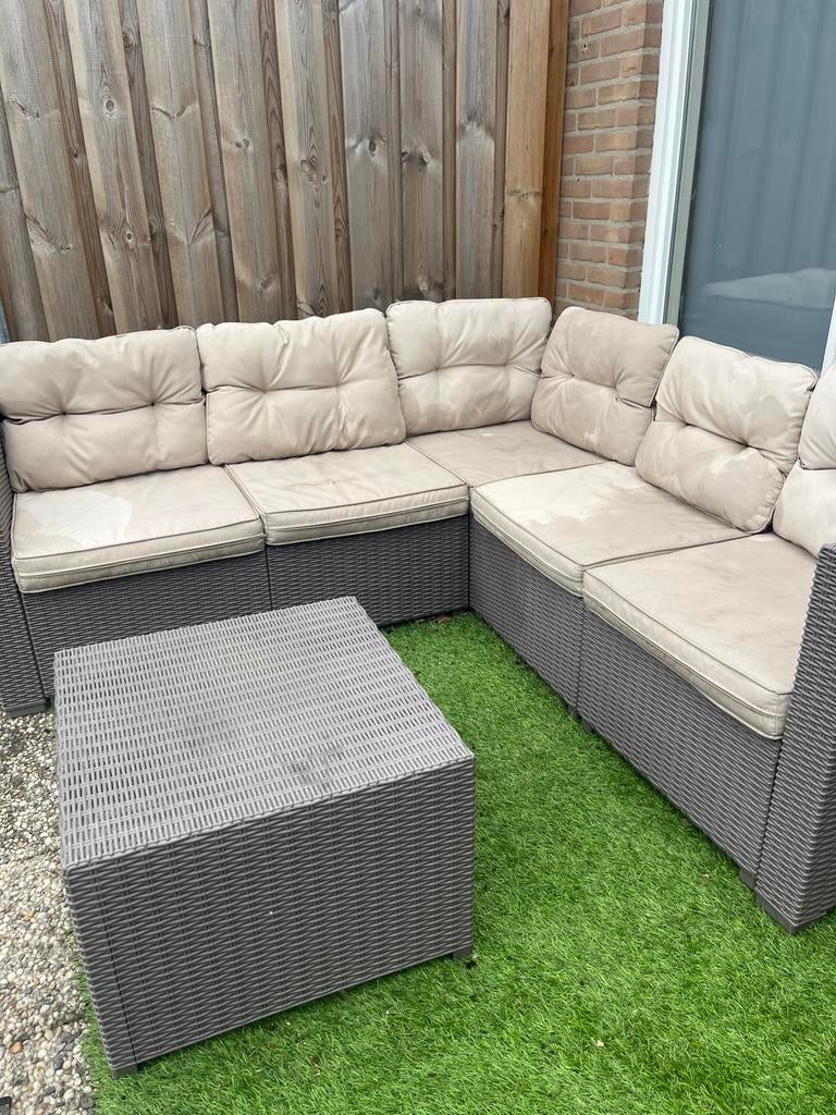 Mooie en fijne tuinset met kussens en tafel, Ophalen, Gebruikt, Meer dan 8 zitplaatsen, Loungeset