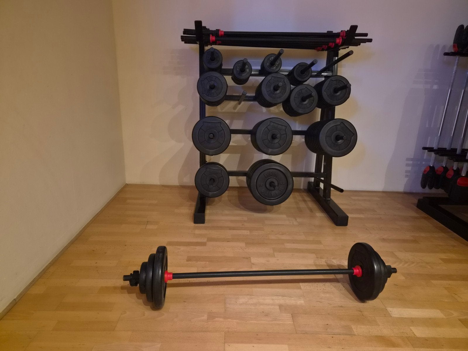 14 Bodypump sets + rek + extra gewichten, Sport en Fitness, Fitnessmaterialen, Ophalen, Gebruikt, Benen, Halterset