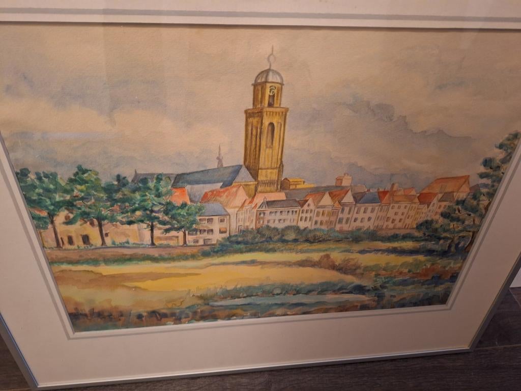 Ingelijste aquarel van stad deventer met kerktoren, Antiek en Kunst, Ophalen