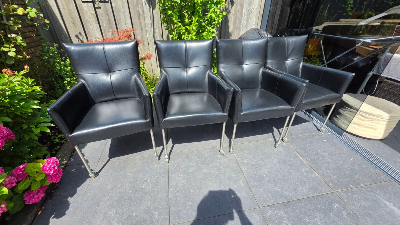Mooie Lederen eethoek stoelen te koop ( 4x), Ophalen, Zwart, Nieuw, Leer