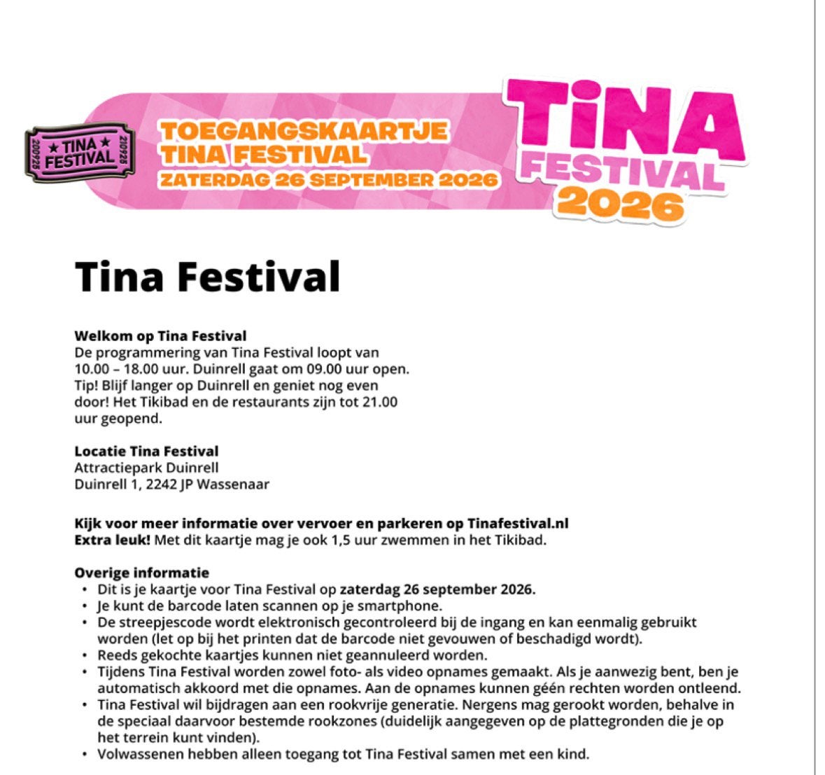Tina Festival 2026 - zaterdagticket, Eén persoon