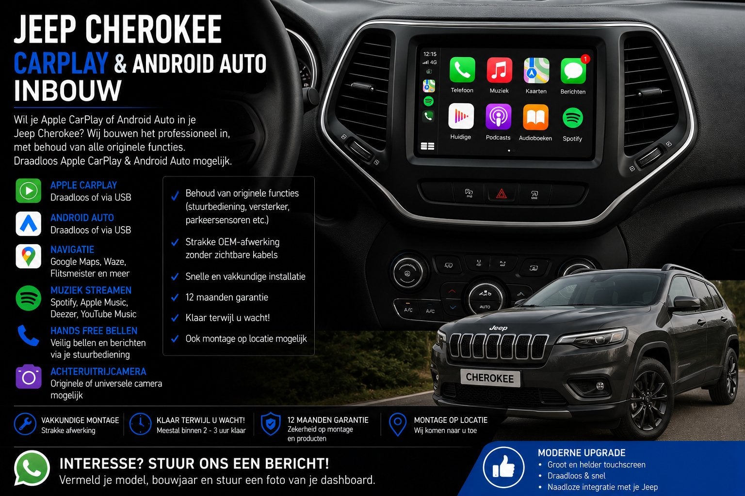 Jeep Cherokee CarPlay & Android Auto Inbouw, Auto diversen, Autoradio's, Ophalen, Nieuw