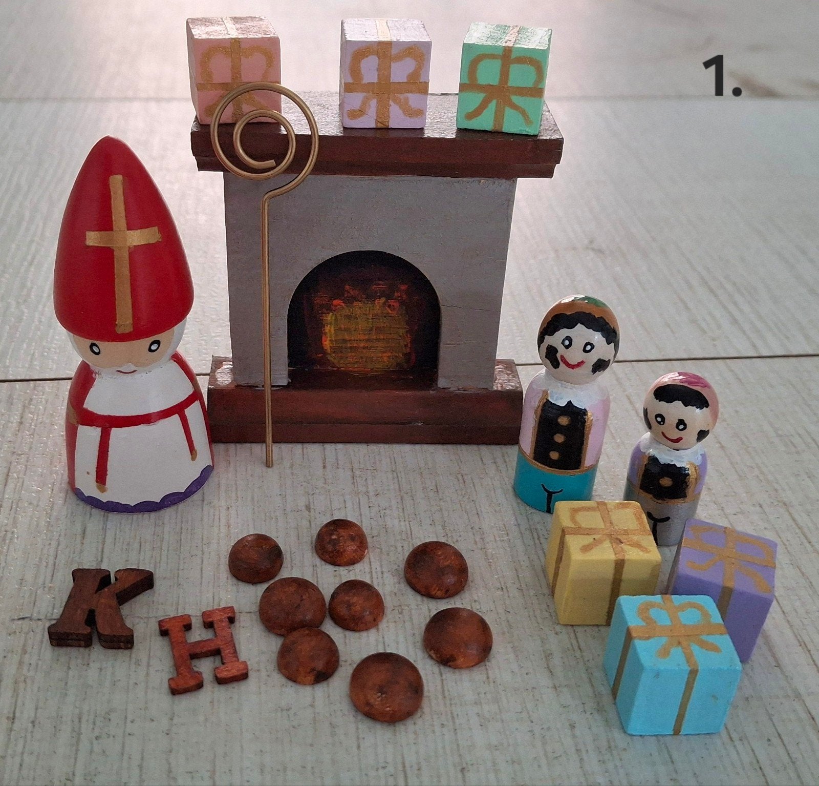 Houten pegdolls Sint met pietjes, schoorsteen en accessoire, Diversen, Sinterklaas, Ophalen of Verzenden, Nieuw