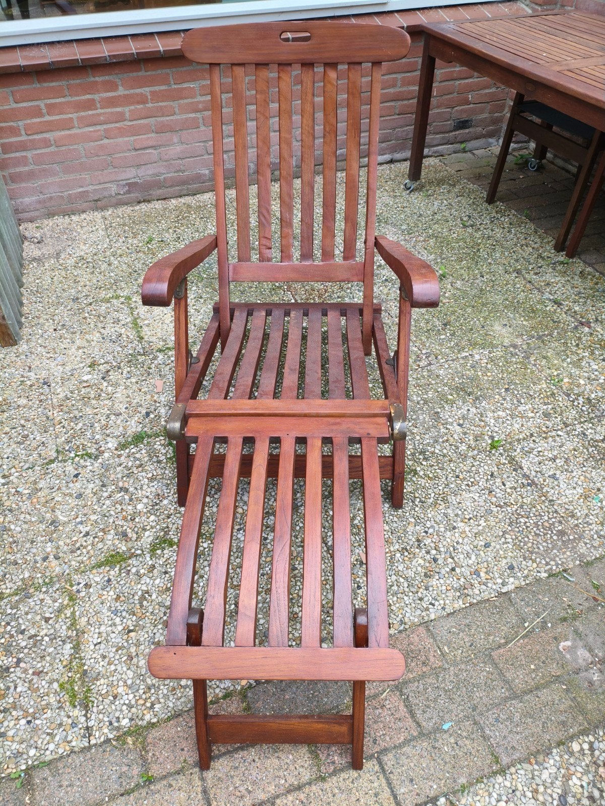 Verstelbare hardhouten tuinstoel met voetensteun, Ophalen, Gebruikt, Hout, Verstelbaar