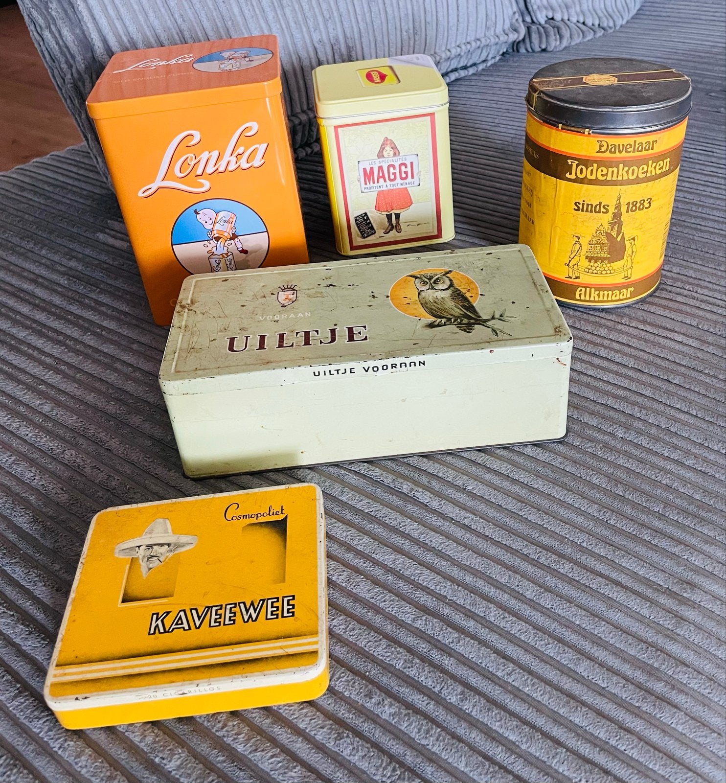 Diverse vintage blikken: Lonka, Maggi, Daveelaar, Uiltje, Ka, Ophalen of Verzenden, Gebruikt, Overige, Overige merken