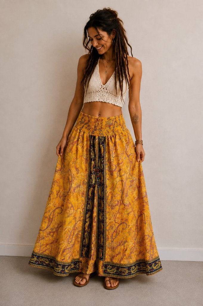 Boho palazzo broekrok paisley | wijd bohemian festival, Maat 38/40 (M), Handmade, Geel, Ophalen of Verzenden