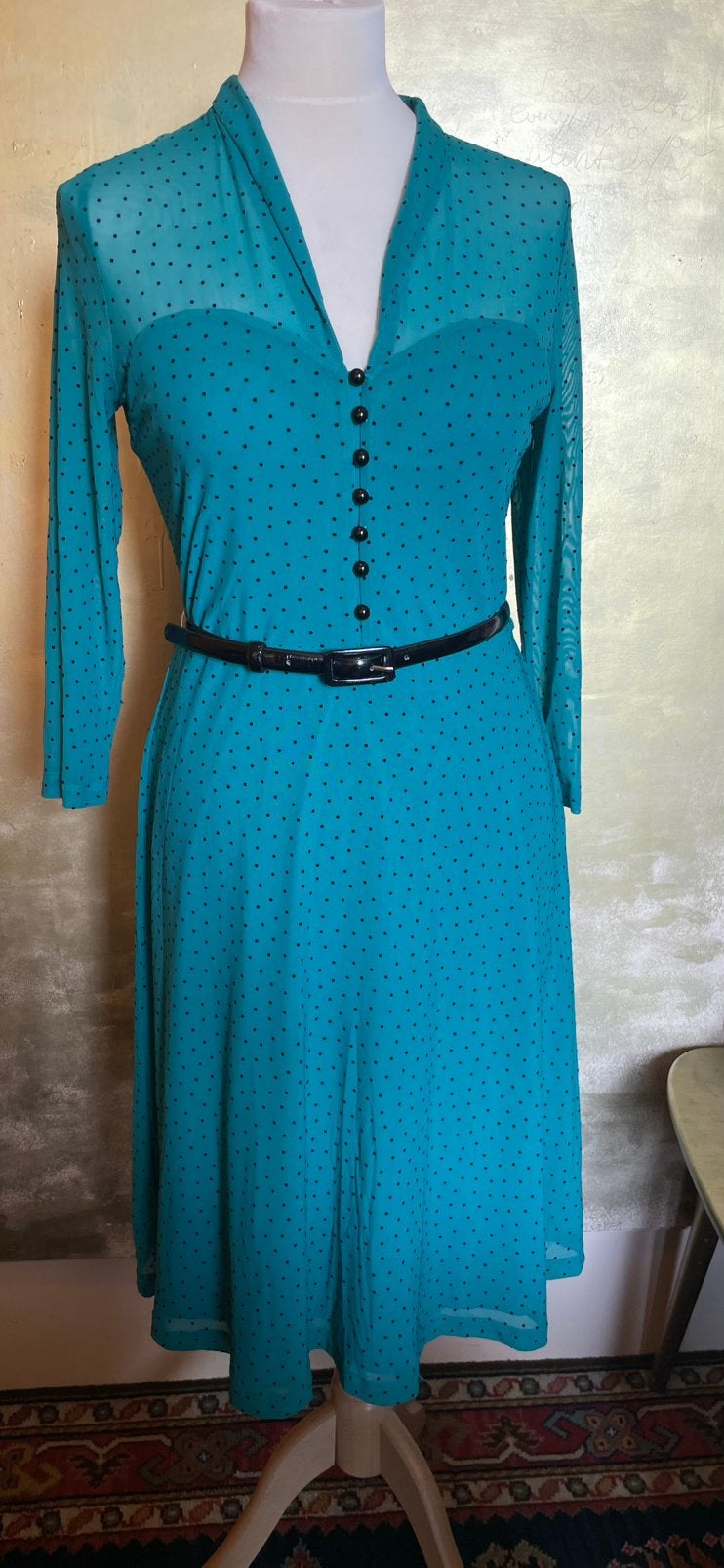 King louie jurk m turquoise ~ groen vintage., Kleding | Dames, Jurken, Ophalen of Verzenden, Zo goed als nieuw, Groen, Knielengte