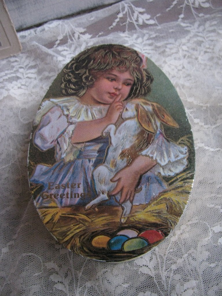Vintage Doosje Candy Container voor Paaseijes Meisje Konijn, Verzenden