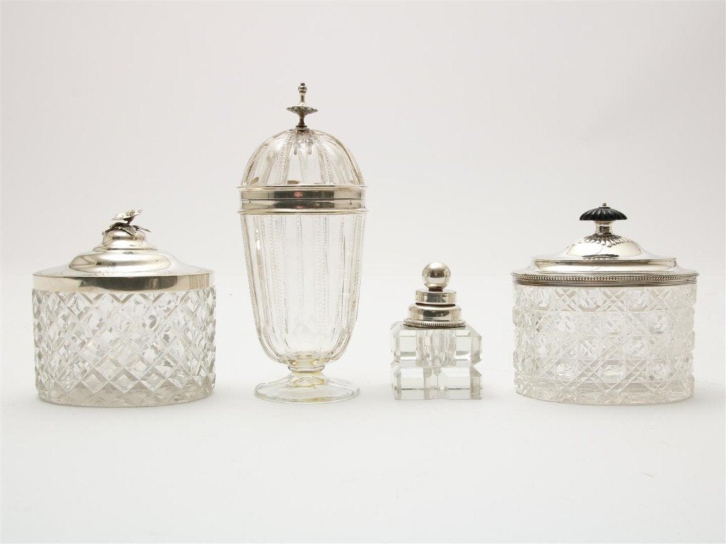 Antiek Kristal / Zilver Theedoos Theebus Snoeppot en Inktpot, Ophalen of Verzenden, Zilver