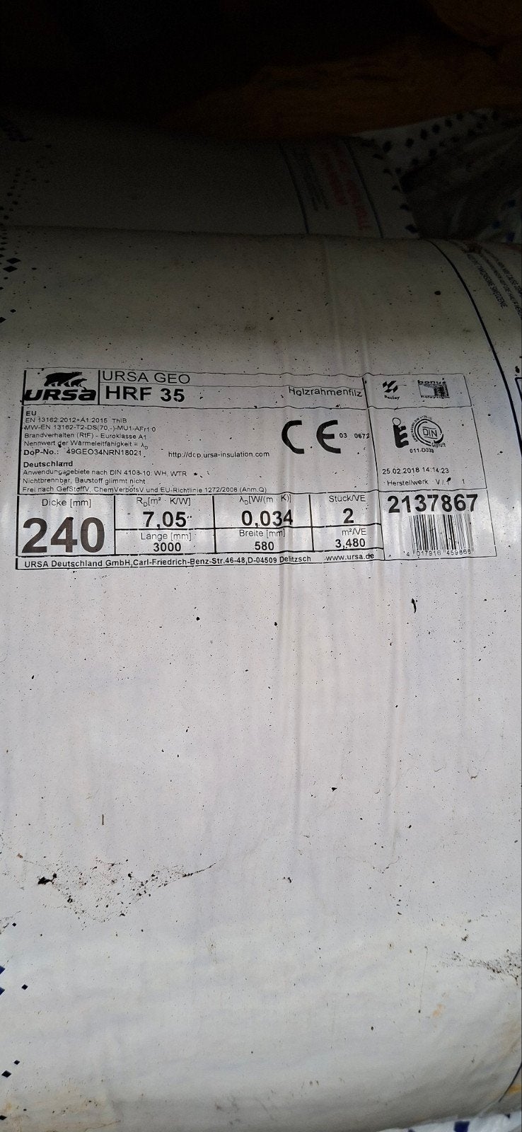 URSA GEO HRF 0.035 Glaswol Isolatie 240mm Dik, Nieuw, Ophalen of Verzenden, Minder dan 5 m², Glaswol